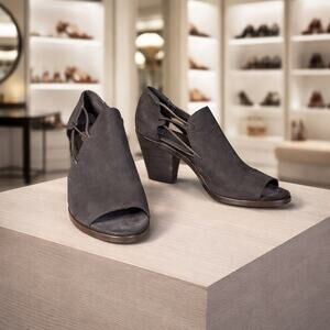 Eileen Fisher Black Suede Open Toe Heels Slip On Elastic Stacked Heel Size 10